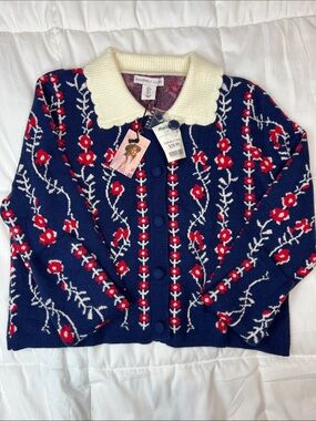 Sincerly Jules Navy Floral Cardigan with Cream Scalloped Collar Super Soft!